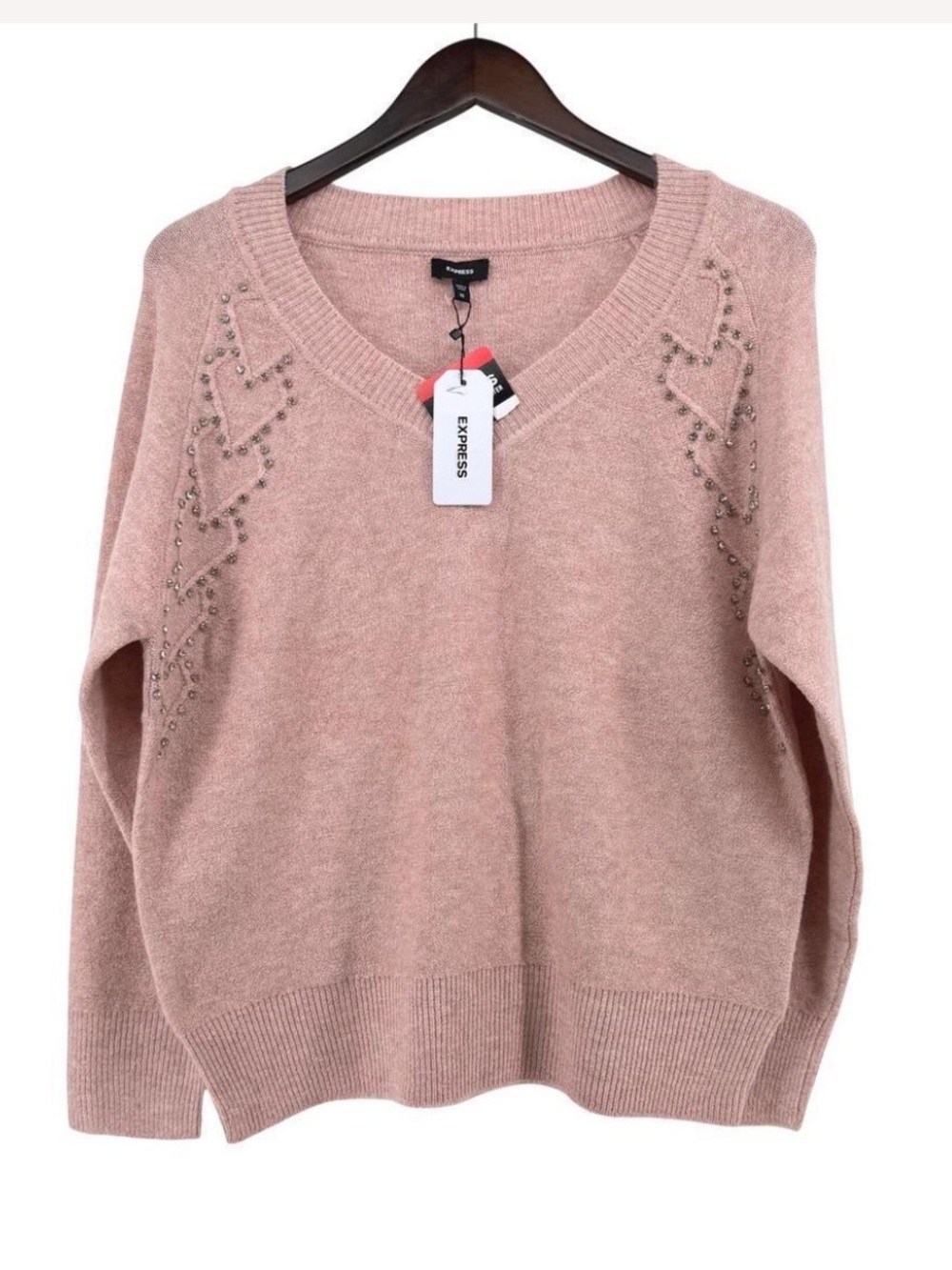 EXPRESS L Heather Pink Embellished Rhinestone Hearts V-Neck Sweater - Picture 2 of 4